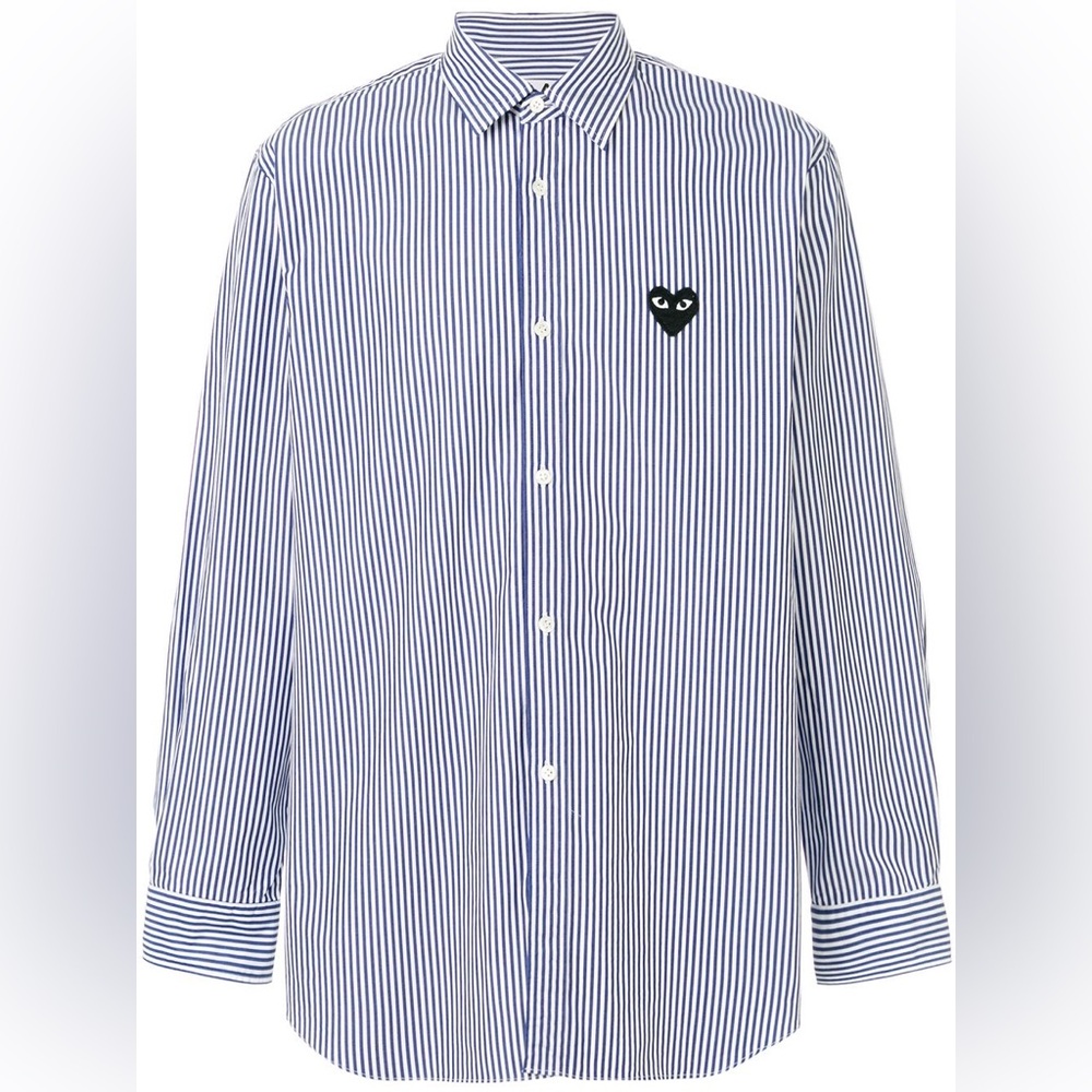 Comme Des Garçons PLAY Blue & White Striped Button Down Shirt Black Heart Patch